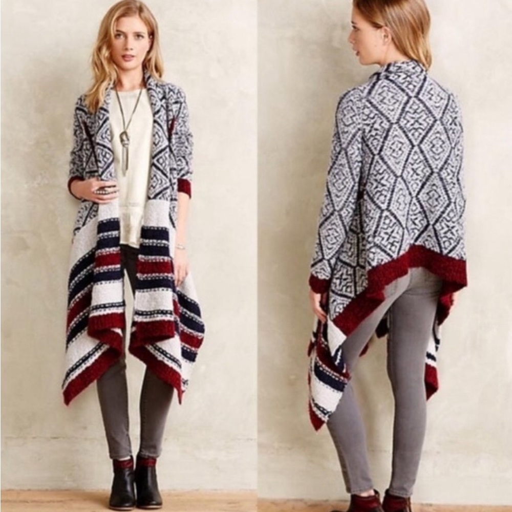 Anthropologie Geometric & Striped Drape Cardigan in White, Navy & Burgundy